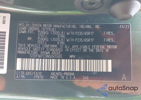 2022 Toyota Sienna Xle from USA, damaged, VIN 5TDYSKFC9NS045565